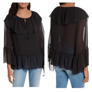 Rebecca Minkoff Black Patti Top Sheer Chiffon Peasant Blouse Bell Sleeve Small